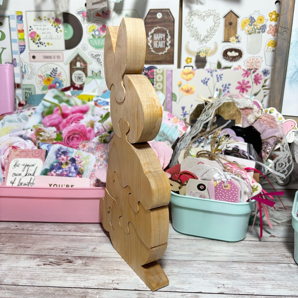 Handcrafted Wood Rabbit Bunny 6-pc. Puzzle Handmade Children’s Toy Stands Spring - Picture 2 of 7